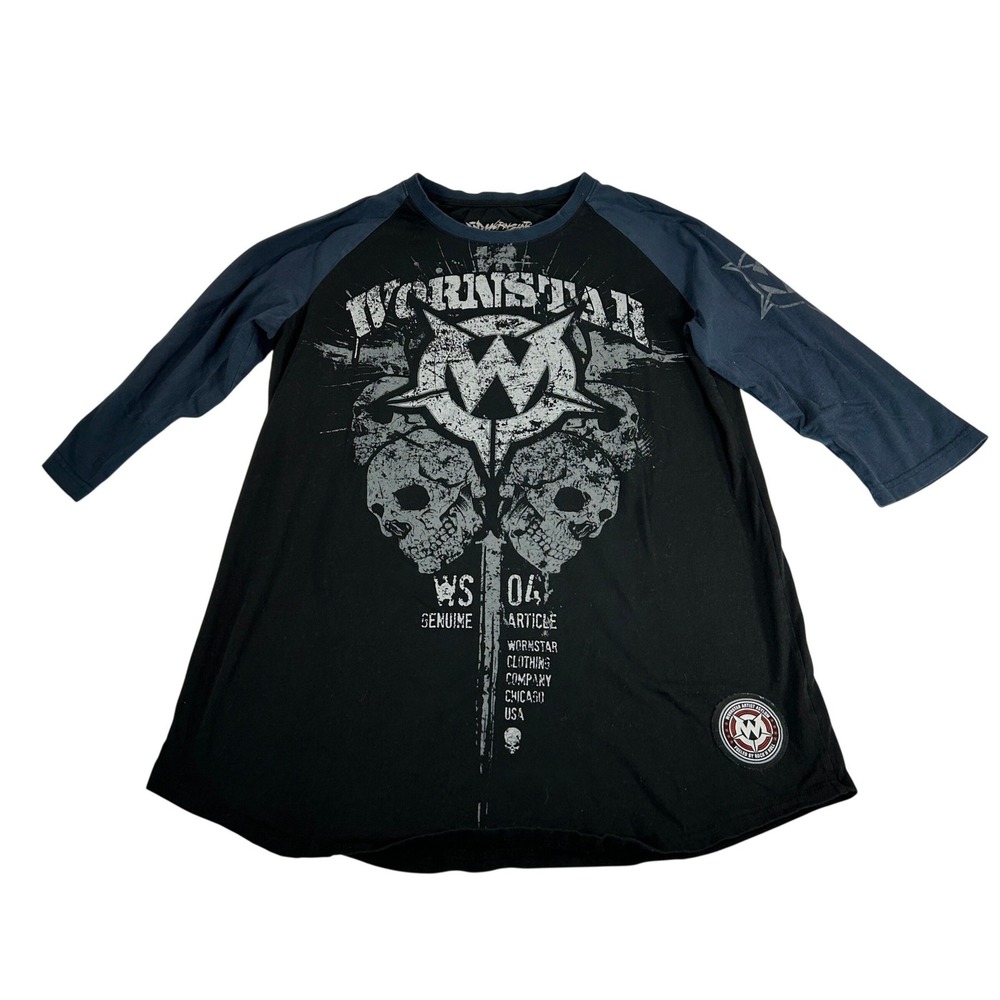 Wornstar Mens Large Black Blue Skull Graphic 3/4 Raglan Sleeve T-Shirt WS 04